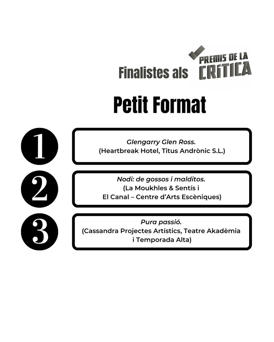 <a href="/teatrelliure/">Teatre Lliure</a> <a href="/teatrenacional/">TNC</a> <a href="/Teatre_Romea/">Teatre Romea</a> <a href="/andreaenvilo/">Andrea Jimenez</a> <a href="/barcopirataorg/">Barco Pirata</a> <a href="/teatroabadia/">Teatro de La Abadía</a> <a href="/temporadaalta/">Temporada Alta</a> PETIT FORMAT #premisdelacritica

1️⃣ Glengarry Glen Ross. Heartbreak Hotel, Titus Andrònic S.L.
2️⃣ Nodi: de gossos i malditos. La Moukhles &amp; <a href="/joansentism/">Joan Sentís</a> i El Canal – Centre d’Arts Escèniques 
3️⃣ Pura passió. Cassandra Projectes Artístics, <a href="/temporadaalta/">Temporada Alta</a> i <a href="/teatreakademia/">Teatre Akadèmia</a>