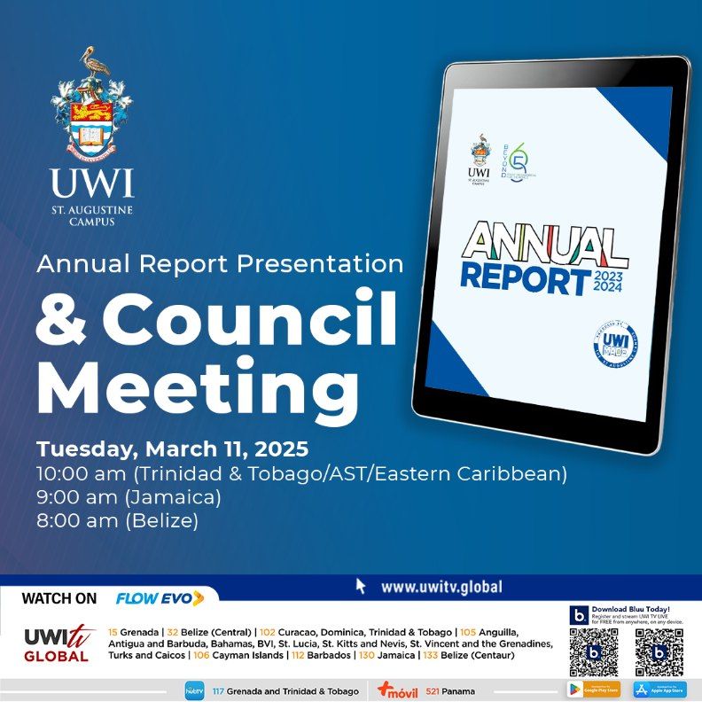 Join us LIVE for The UWI St. Augustine Campus Council Meeting 2025, themed "UWI MADE: Leveraging Strengths for Growth and Sustainability".

🗓️ Date: Tuesday, 11 March 2025
⏰ Times:
10:00 am (Trinidad &amp; Tobago/AST/Eastern Caribbean Time)
9:00 am (Jamaica)
8:00 am (Belize)