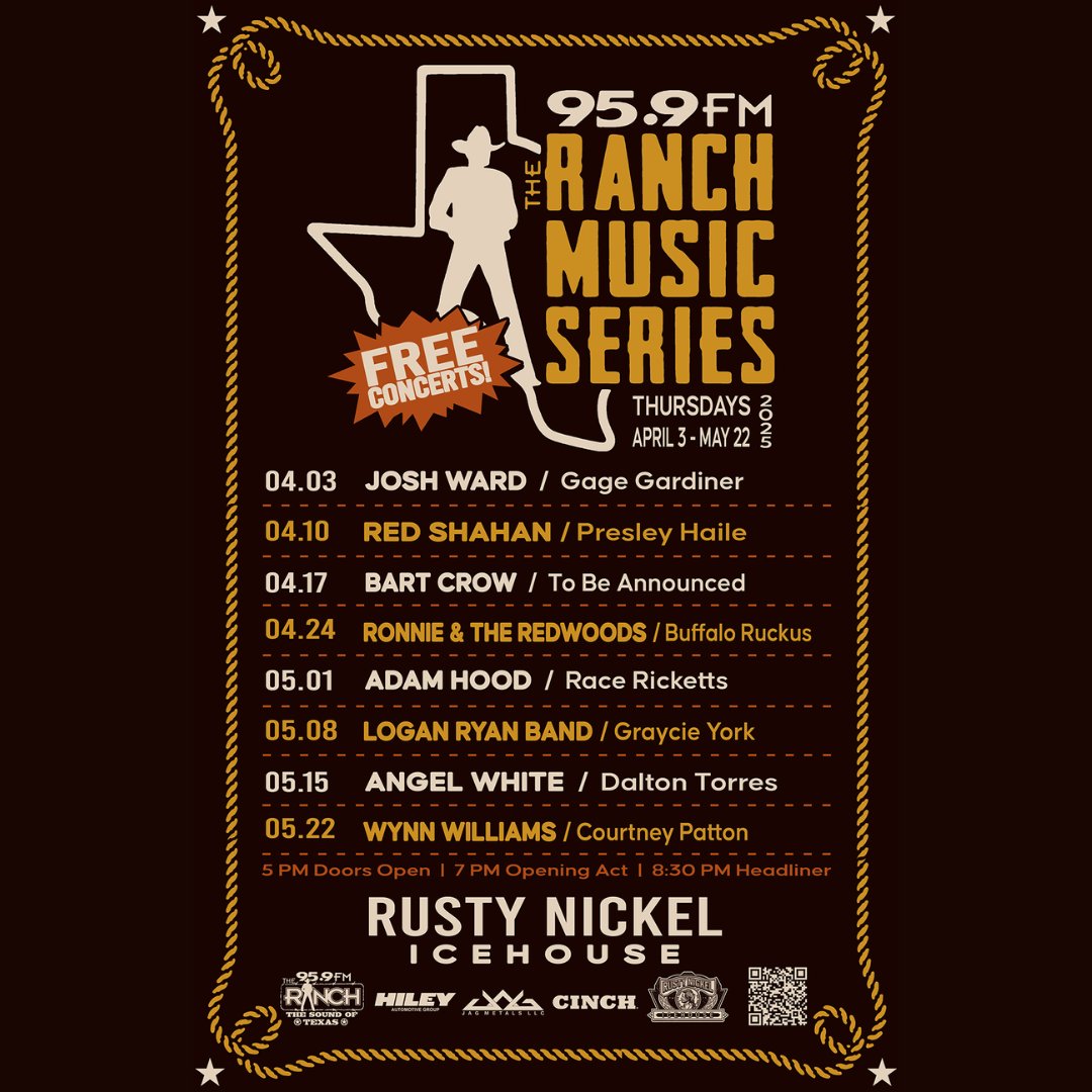 95.9 The Ranch (@959theranch) on Twitter photo JUST ANNOUNCED the 2025 #RanchMusicSeries Lineup at the Rusty Nickel Icehouse
<a href="/Josh_Ward/">Josh Ward</a> Red Shahan <a href="/BartCrow/">Bart Crow</a> <a href="/RedwoodRonnie/">Ronnie and The Redwoods</a> <a href="/adamhoodmusic/">Adam Hood</a> <a href="/loganryanband/">Logan Ryan Band</a> <a href="/anglwhte/">angel white</a> <a href="/TheWynnWilliams/">Wynn Williams</a>
Always FREE Thanks to <a href="/jagmetalsllc/">JAG Metals LLC</a> <a href="/HileyAutoGroup/">Hiley Auto Group</a> and CINCH JUST ANNOUNCED the 2025 #RanchMusicSeries Lineup at the Rusty Nickel Icehouse
<a href="/Josh_Ward/">Josh Ward</a> Red Shahan <a href="/BartCrow/">Bart Crow</a> <a href="/RedwoodRonnie/">Ronnie and The Redwoods</a> <a href="/adamhoodmusic/">Adam Hood</a> <a href="/loganryanband/">Logan Ryan Band</a> <a href="/anglwhte/">angel white</a> <a href="/TheWynnWilliams/">Wynn Williams</a>
Always FREE Thanks to <a href="/jagmetalsllc/">JAG Metals LLC</a> <a href="/HileyAutoGroup/">Hiley Auto Group</a> and CINCH