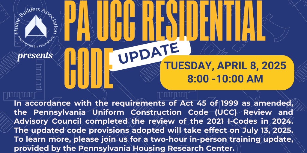 HarrisburgHBA's tweet image. PA UCC Residential Code Update Training!
Tuesday, April 8, 2025
8:00 - 10:00 AM
2416 Park Drive, Harrisburg, PA 17110
FREE for HBA Members | $50 for Non-Members
Register now: members.harrisburgbuilders.com/events/details…
#PAUCC #CodeUpdate #HomeBuilders #ConstructionTraining #ICC2021