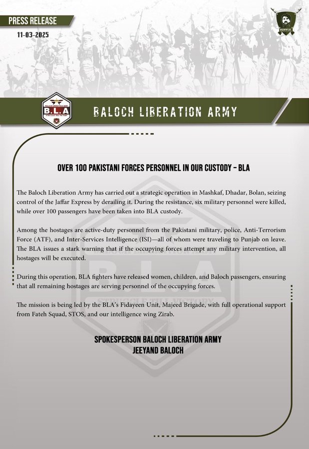 balliawalebaba's tweet photo. After 6 hours of hijacking Jaffar Express train in Balochistan, 20 Pakistani military personnel eliminated and 182 hostages remain in custody of BLA.
#TrainHijack #Balochistan
https://t.co/yy8S8T8Hi1