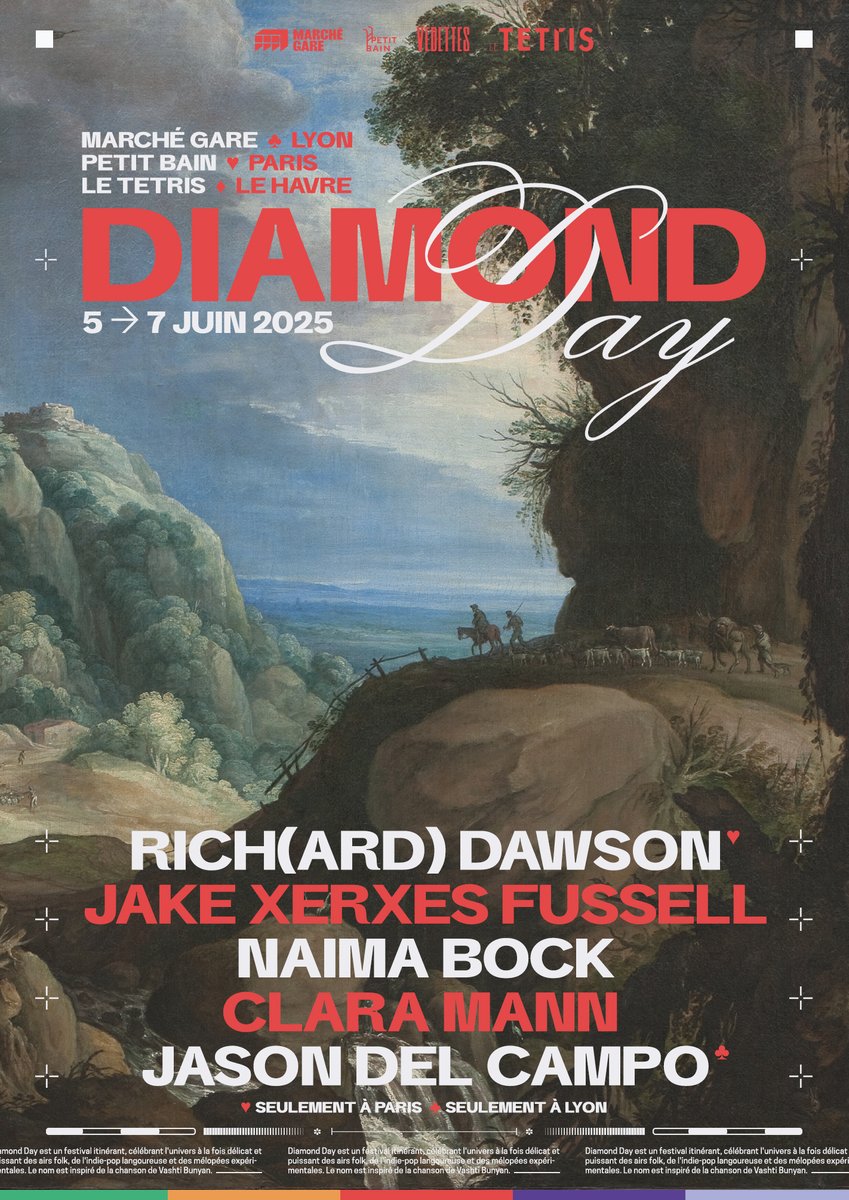 concertaparis (@concertaparis) on Twitter photo Diamond Day, le nouveau festival itinérant pour les amateurs de ballades fera halte au Marché Gare de Lyon, au Petit Bain et au Tetris au Havre !
ven 6 juin - Petit Bain
<a href="/richarddawson12/">rich(ard) dawson</a>, Jake Xerxes Fussell, <a href="/naimabock/">Naima Bock</a>, <a href="/claramannsongs/">Clara Mann</a>
À vos billets🎟️👉bit.ly/4iksPTF Diamond Day, le nouveau festival itinérant pour les amateurs de ballades fera halte au Marché Gare de Lyon, au Petit Bain et au Tetris au Havre !
ven 6 juin - Petit Bain
<a href="/richarddawson12/">rich(ard) dawson</a>, Jake Xerxes Fussell, <a href="/naimabock/">Naima Bock</a>, <a href="/claramannsongs/">Clara Mann</a>
À vos billets🎟️👉bit.ly/4iksPTF