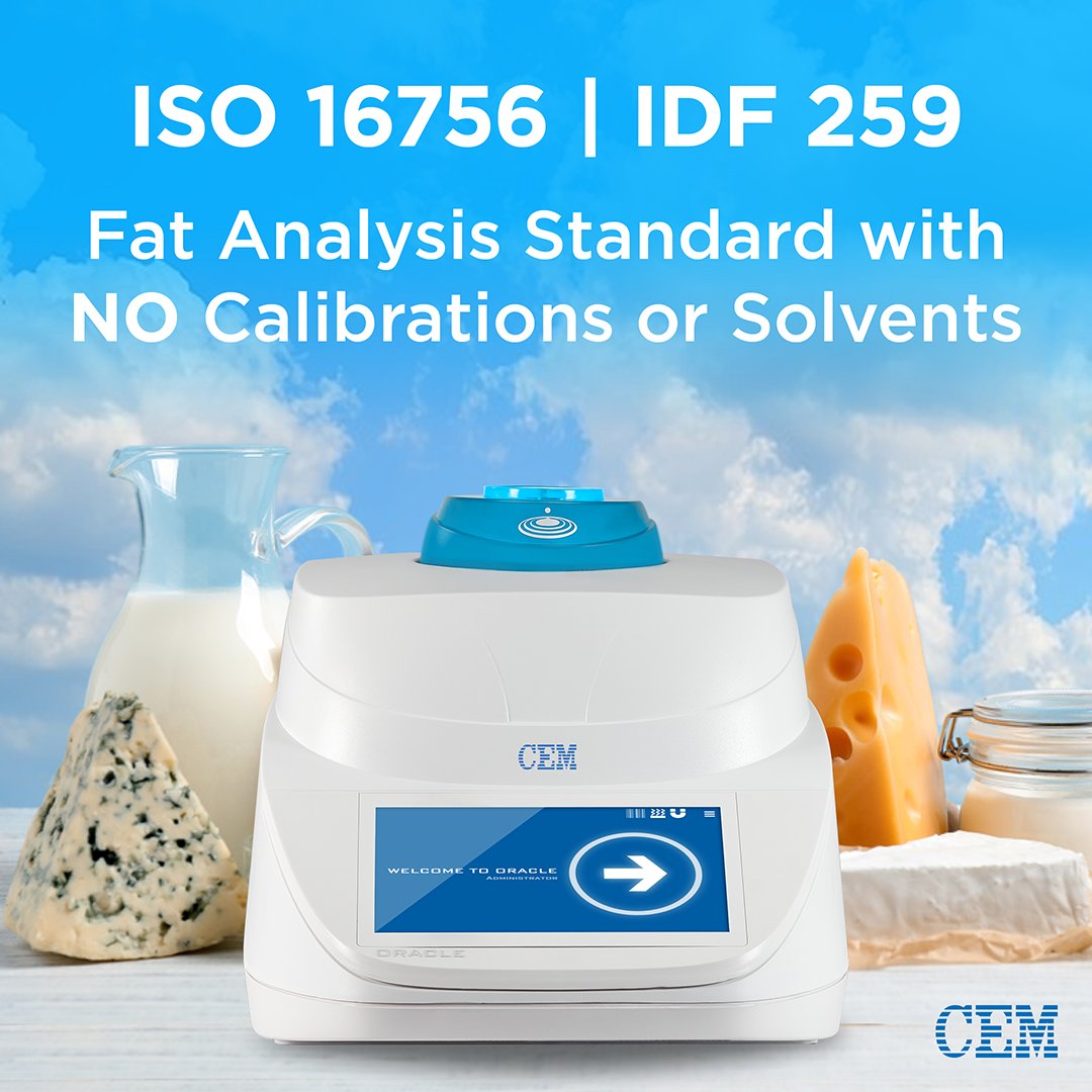 CEMcorporation's tweet image. ISO 16756/IDF 259 is the new standard for measuring fat content in dairy! The ORACLE system meets this standard with no solvents or calibrations needed. Perfect for all dairy products, wet or dry! Learn more 👉 cem.com/oracle #DairyInnovation #ISO16756 #FatAnalysis