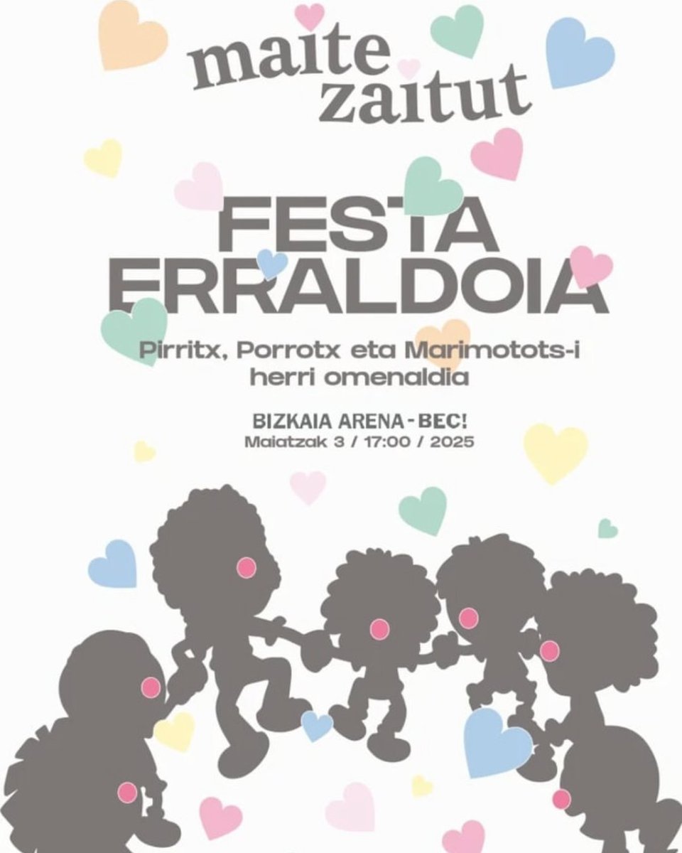 🥳Maite zaitut festa erraldoia!!
🤡Pirritx, Porrotx eta Marimototsi herri-omenaldia.
🗓️Maiatzak 3.
📍BEC
🎟️nikeremaitezaitut.eus // gure euskaltegietan
💕Baliatu #EuskaraErosoBizitzeko aukera paregabea! 
🔗aek.eus/eu/bloga/maite…