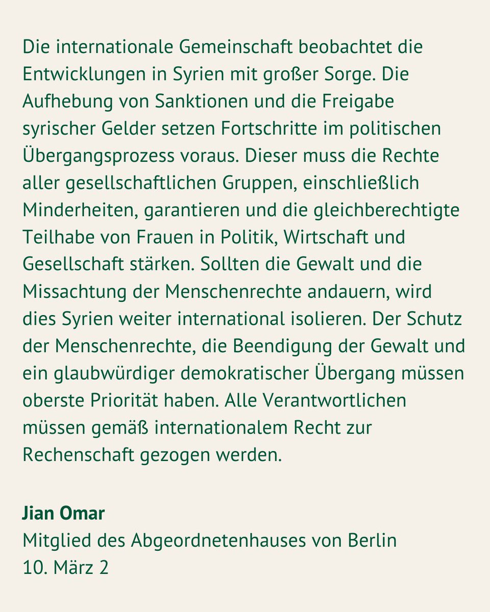 Die Lage an Syriens Küste eskaliert: Hunderte Tote, darunter Frauen &amp; Kinder. Ich fordere die Übergangsregierung auf:

✅Ende der Gewalt

✅Abzug bewaffneter Gruppen

✅Unabhängige Untersuchung

✅Freien Medienzugang

Ohne demokratischen Wandel droht #Syrien weitere Isolation!