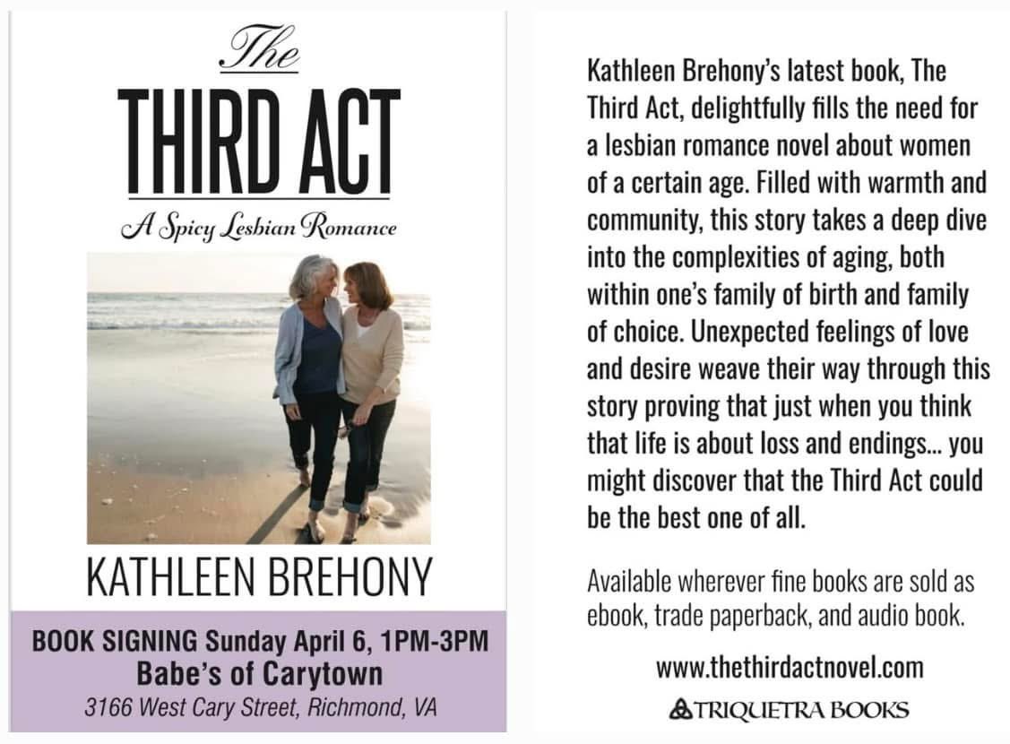 Richmond Peeps! Save the Date for a Book Signing at Babe's of Carytown! Sunday April 6 between 1-3. I'll be signing The Third Act at this historic LGBTQ Bar that plays a big part in my novel! Open to all and I hope to see lots of friends, the LGBTQ community and allies!