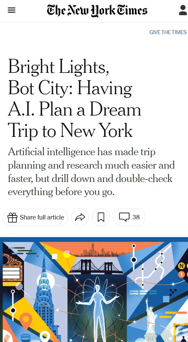 Nate Hake (@natejhake) on Twitter photo Today the <a href="/nytimes/">The New York Times</a> published a *shameful* guide to how to plan a trip to NYC with AI trip planners
This same paper is suing OpenAI for copyright infringement! What hypocrisy!
So AI is ok when it steals from travel bloggers (just not from news media)? 😡 Today the <a href="/nytimes/">The New York Times</a> published a *shameful* guide to how to plan a trip to NYC with AI trip planners
This same paper is suing OpenAI for copyright infringement! What hypocrisy!
So AI is ok when it steals from travel bloggers (just not from news media)? 😡