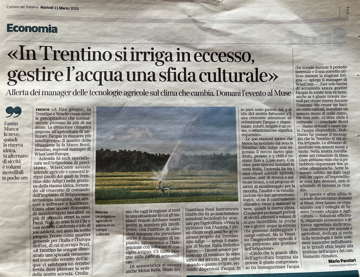 WiseConn Europe (@wiseconneurope) on Twitter photo Manca solo un giorno all’evento "Acqua e Agricoltura - Soluzioni efficienti, risparmio economico e finanza agevolata dedicata"!🌱 Sul <a href="/corrieretrento/">Corriere del Trentino</a> di oggi, l'intervista al nostro regional manager Marco Bezzi e a Federico Fantin, country manager di Metos Italia!💧 Manca solo un giorno all’evento "Acqua e Agricoltura - Soluzioni efficienti, risparmio economico e finanza agevolata dedicata"!🌱 Sul <a href="/corrieretrento/">Corriere del Trentino</a> di oggi, l'intervista al nostro regional manager Marco Bezzi e a Federico Fantin, country manager di Metos Italia!💧