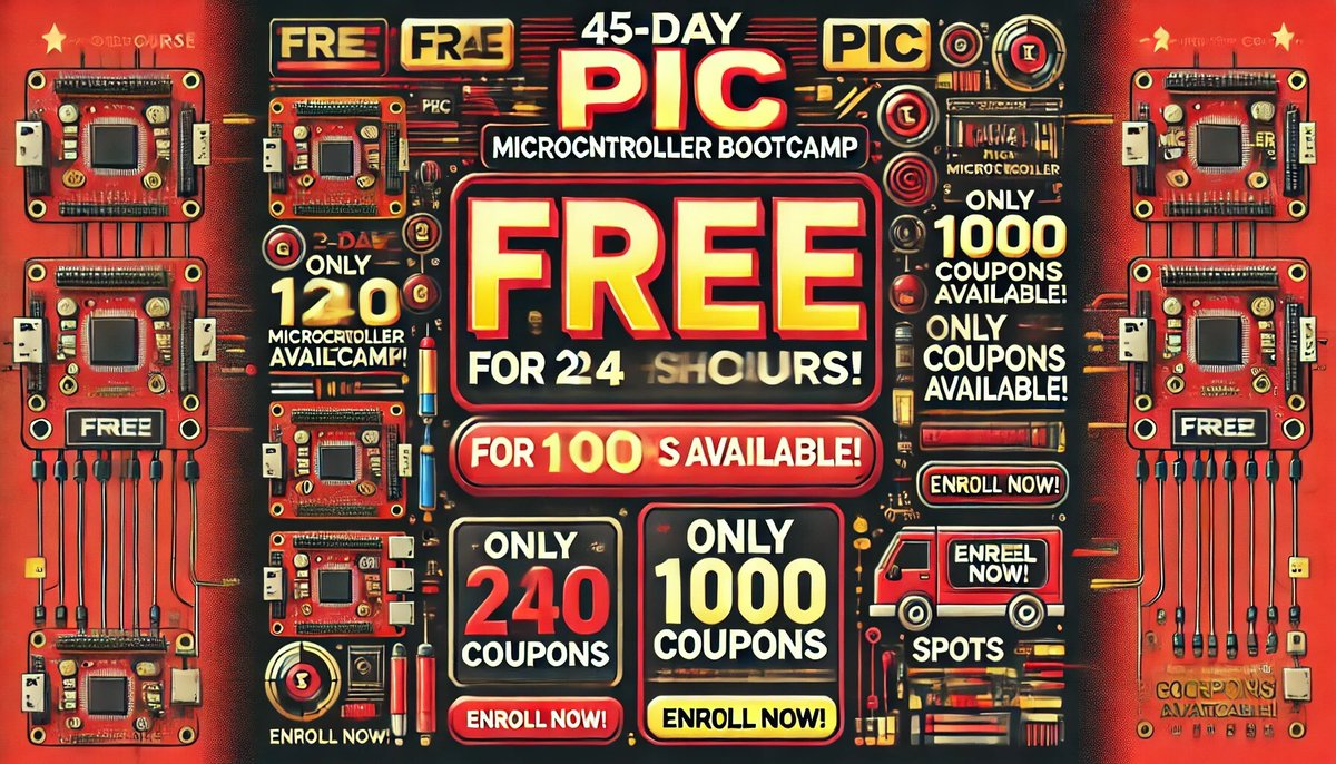 TeamEdueng's tweet image. 🚀 FREE for 24 Hours – 45-Day PIC Microcontroller Bootcamp!
Master PIC Microcontroller Development in just 45 days! This premium bootcamp is now FREE for a limited time!
rpb.li/0FfR3O
#PICMicrocontroller #EmbeddedSystems #Electronics #DIYProjects #FreeCourse #Tech