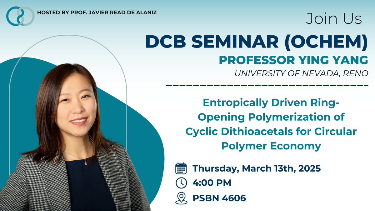 UCSB Department of Chemistry and Biochemistry (@ucsbchemistry) on Twitter photo Join us this week for our next #DCB academic seminar, featuring Professor Ying Yang of the University of Nevada, Reno, hosted by DCB's Professor Javier Read de Alaniz! (<a href="/ReadAlanizteam/">Read De Alaniz group</a>)🔬🧪 Join us this week for our next #DCB academic seminar, featuring Professor Ying Yang of the University of Nevada, Reno, hosted by DCB's Professor Javier Read de Alaniz! (<a href="/ReadAlanizteam/">Read De Alaniz group</a>)🔬🧪