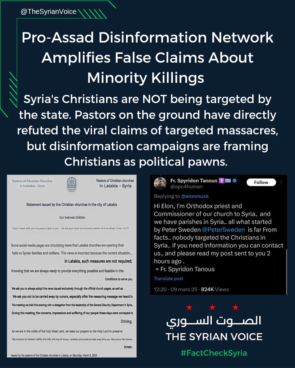 ivarmm's tweet image. Syria&apos;s Christians are NOT being targeted by the state. Pastors on the ground have directly refuted the viral claims of targeted massacres, but disinformation campaigns are framing Christians as political pawns. #FactCheckSyria