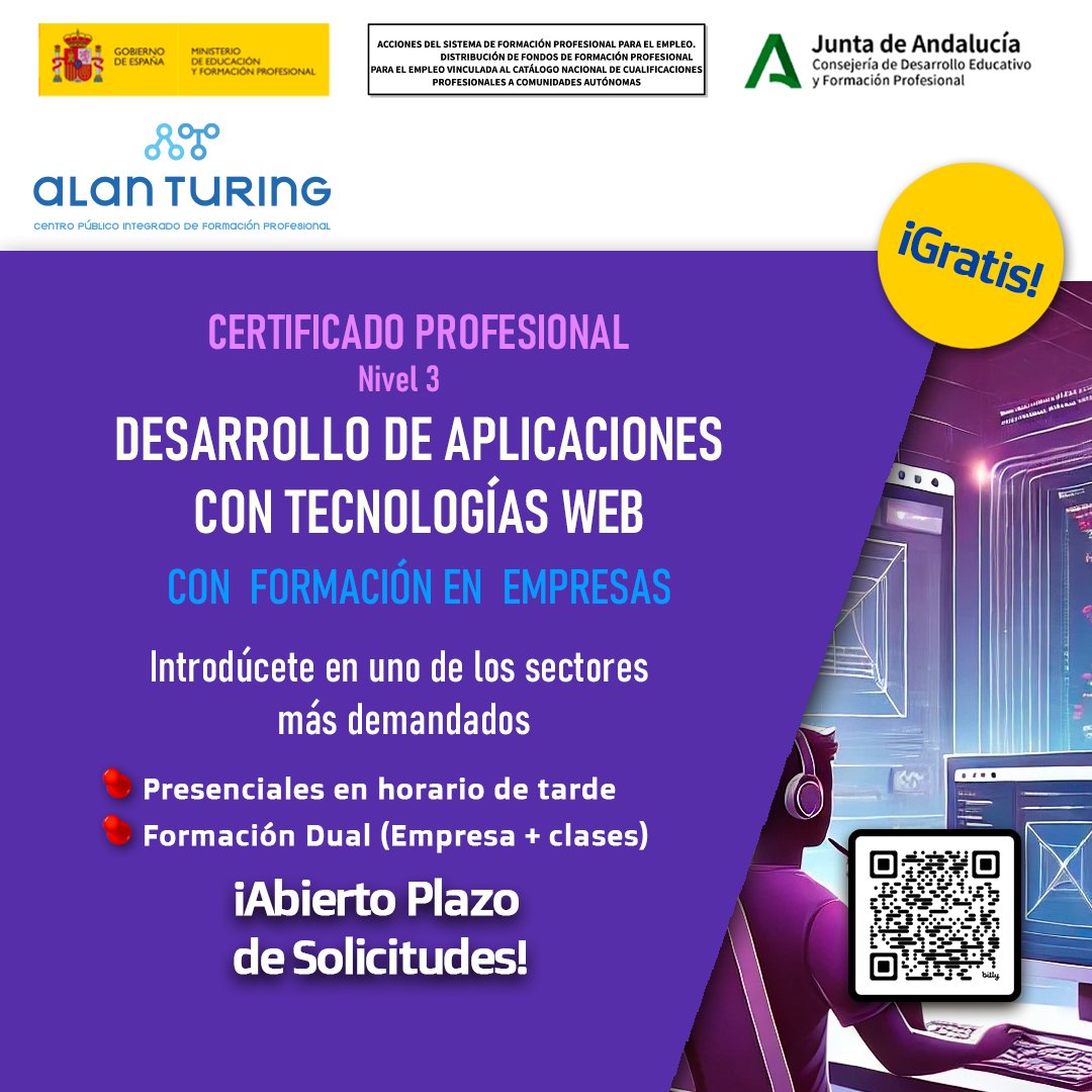 🎓 Certificado Profesional GRATUITO
 Desarrollo de Aplicaciones con Tecnología Web (IFCD0210) - Nivel 3
📆 Inicio: 31/03/25 | 🏢 Prácticas: 15/10 - 10/11
⏳ Horario: 16:00 - 21:00 (L-V)

🔗 Inscríbete ya ➡ fpalanturing.es/certificados-d…