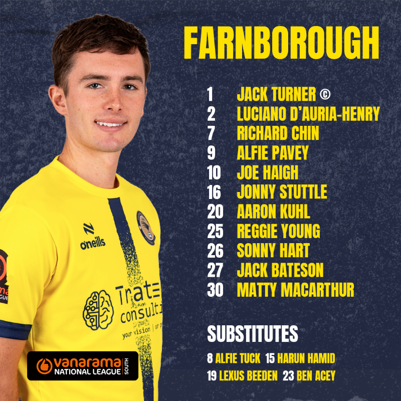 FarnboroughFC's tweet photo. 📝 The #FarnboroughFC starting line-up for the visit of Boreham Wood!

📻 https://t.co/tAVEIFJgO7 https://t.co/BsNu02dZMr