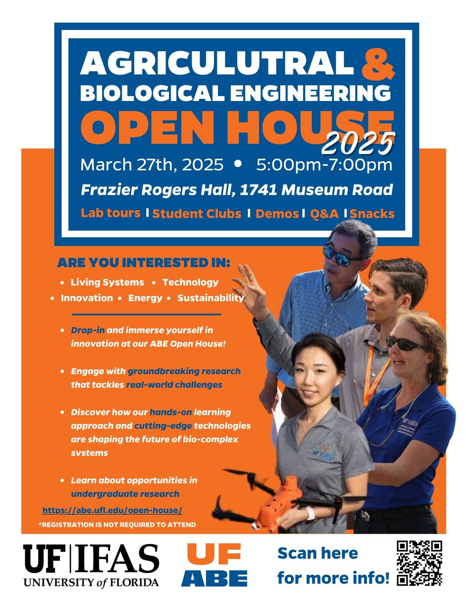 UF_ABE's tweet image. All are welcome to the 2025 ABE Open House! Learn how we are using the most advanced technology to safeguard water quality and solve food insecurity issues. Visit our labs and learn about our research opportunities and talk with faculty about our academic programs.
