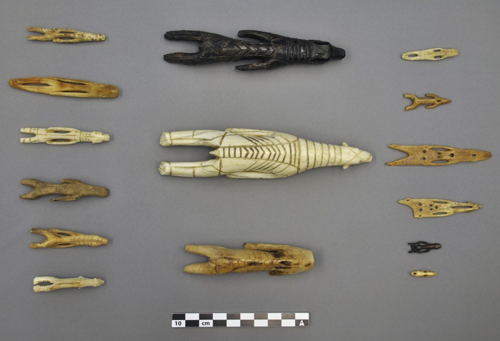 Ivory, bone, and antler carvings depicting polar bears swimming and stalking. Created by the Dorset culture (Geographical range:Northern Canada and Greenland) circa 500 BC–1500 AD. Currently housed in the collection of the Smithsonian Institution.