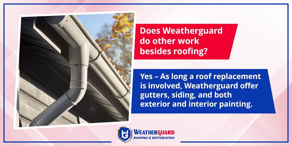 WeatherguardRo1's tweet photo. Got questions about our services? We've got answers!

Q: Does Weatherguard do other work besides roofing? 
A: Yes – As long as roof replacement is involved, Weatherguard offers gutters, siding, and both exterior and interior painting. 

#FAQ #RoofingServices #HomeRenovation https://t.co/sgRerDTeOR
