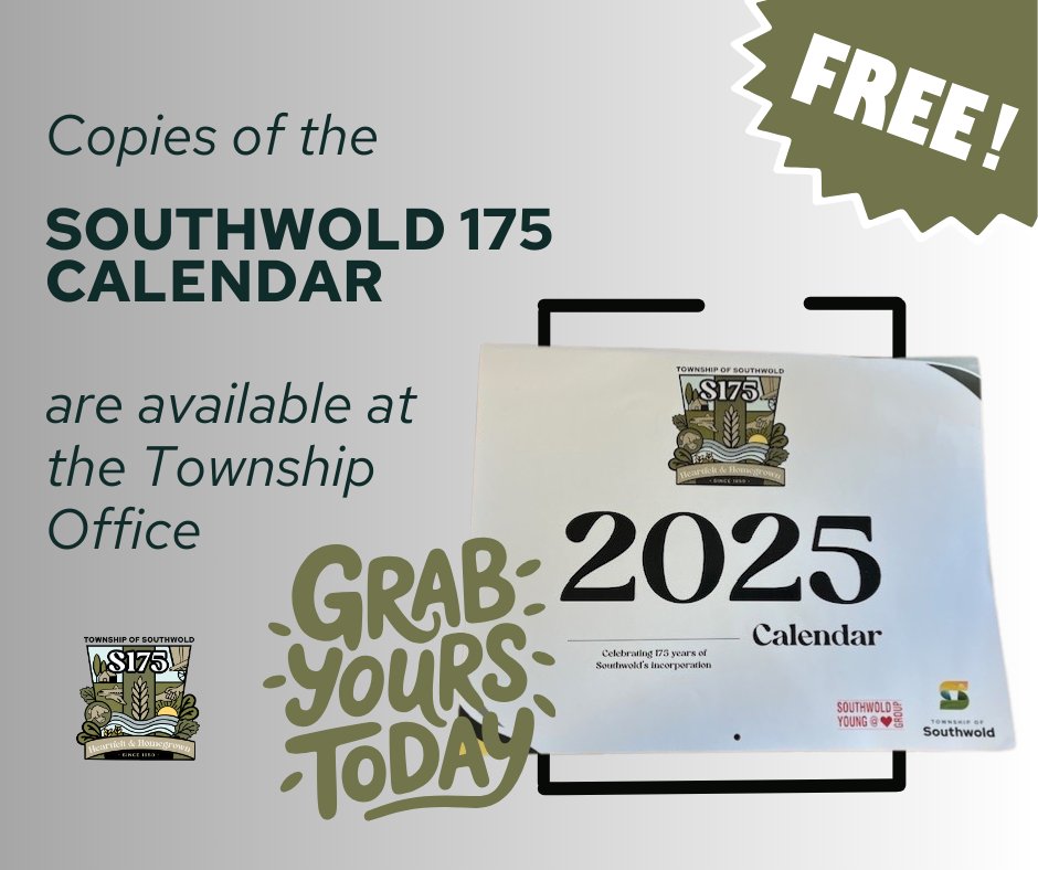 Have you grabbed a free Southwold 175 calendar from the Township office yet?

Each month features a little history and photos of Southwold throughout it's 175 years and includes important dates in Southwold, so you can save the date for your favourite festival or event!