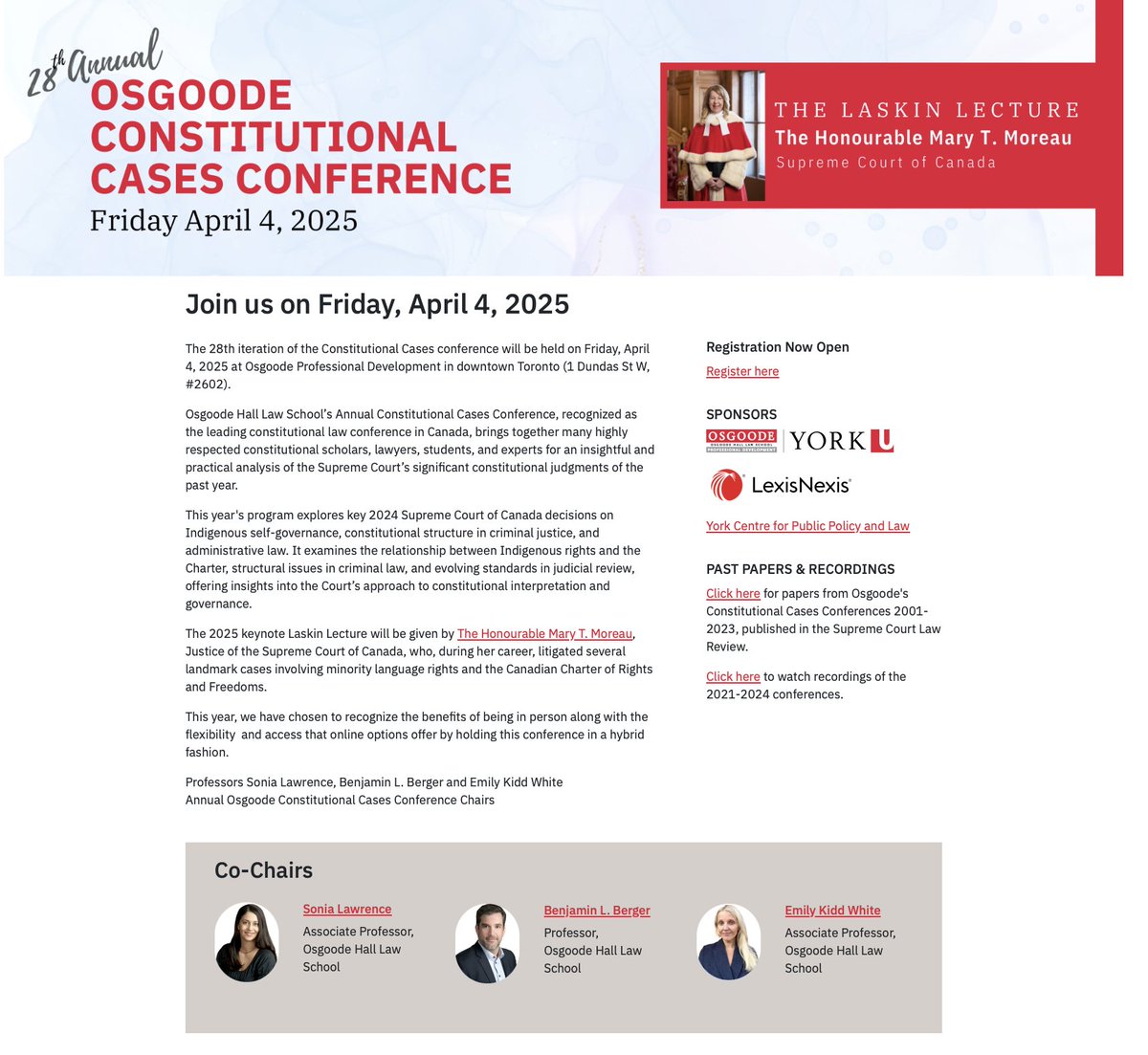 We've assembled a magnificent group of scholars to critically analyze the year's decisions, w plenary sessions on: Indigenous Governance and the Canadian Constitution, The Constitutional Structure of Criminal Justice, and Reasonableness, Rights, and Review: Admin Law at the SCC.