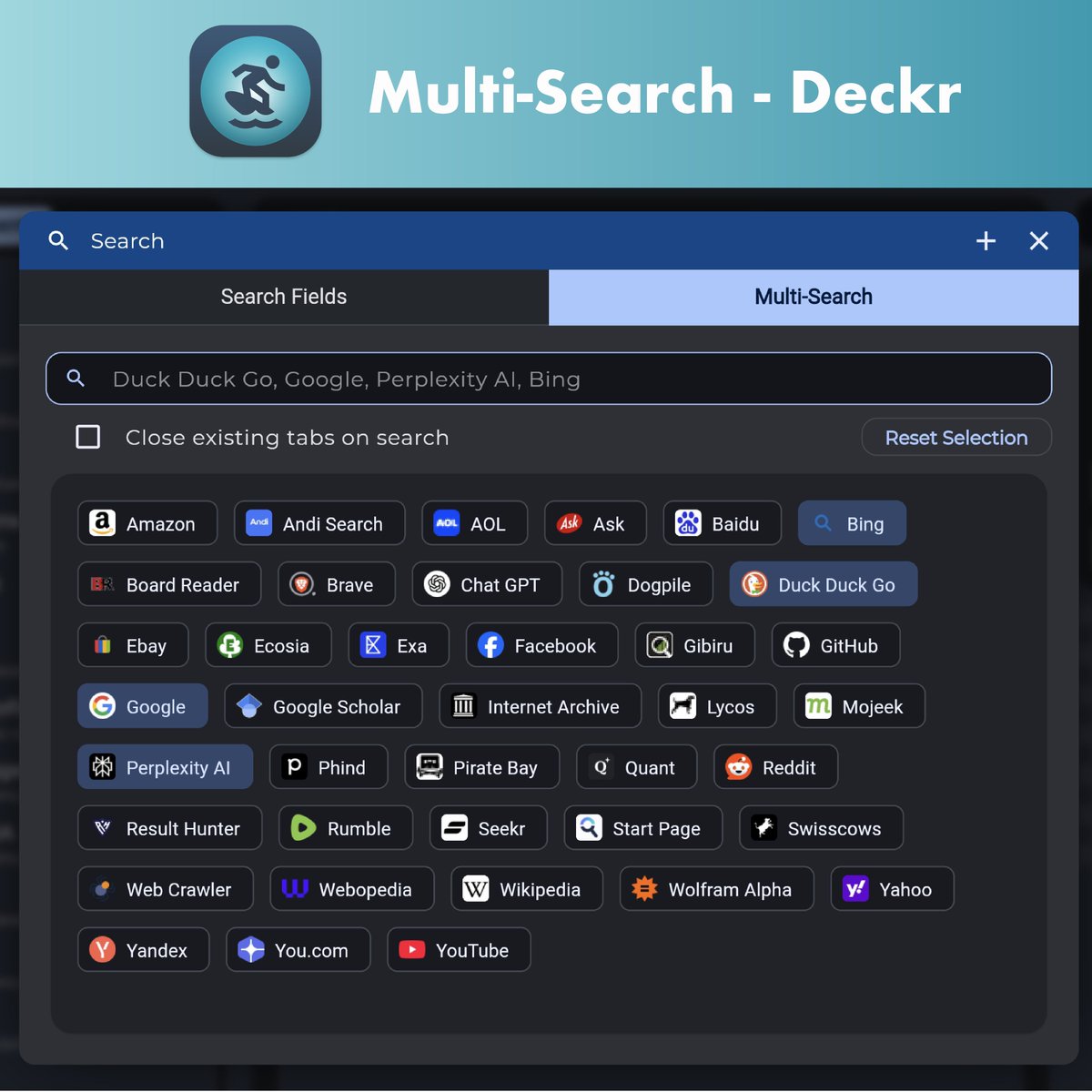 Cocoatech's tweet image. 🔍 Search Smarter with Deckr! 🚀 With Deckr’s Multi-Search, type your query once and open multiple search engines instantly. Perfect for research, comparisons, and deep dives!

#Deckr #MultiSearch #ProductivityHack #ResearchBetter