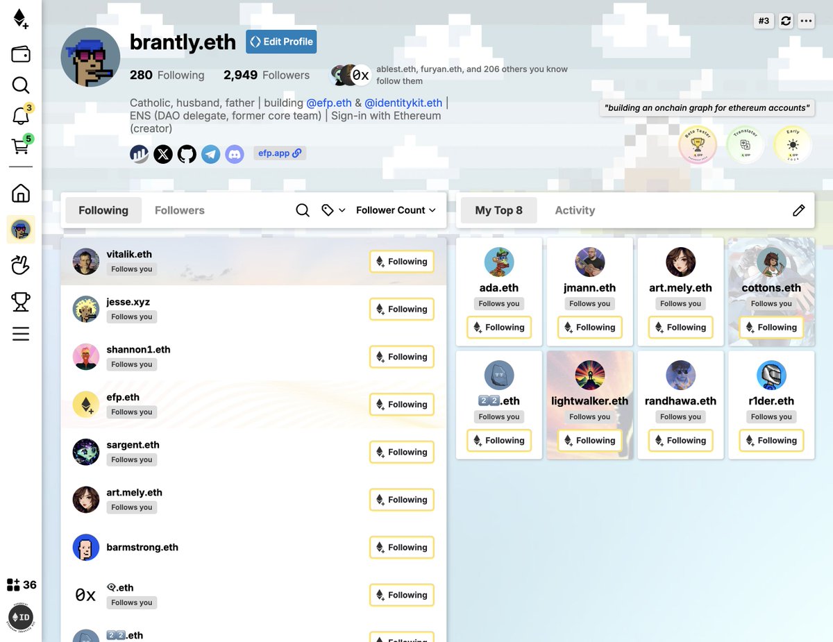 BrantlyMillegan's tweet image. NEW RELEASE: total redesign of the *Ethereum Follow Protocol* @efp app!
New features:
- Notifications!
- Headers everywhere
- New ENS record: Status
- New txn/checkout flow
- & more!
This is a big step forward for EFP and enables a lot going forward
I explain below + link 👇