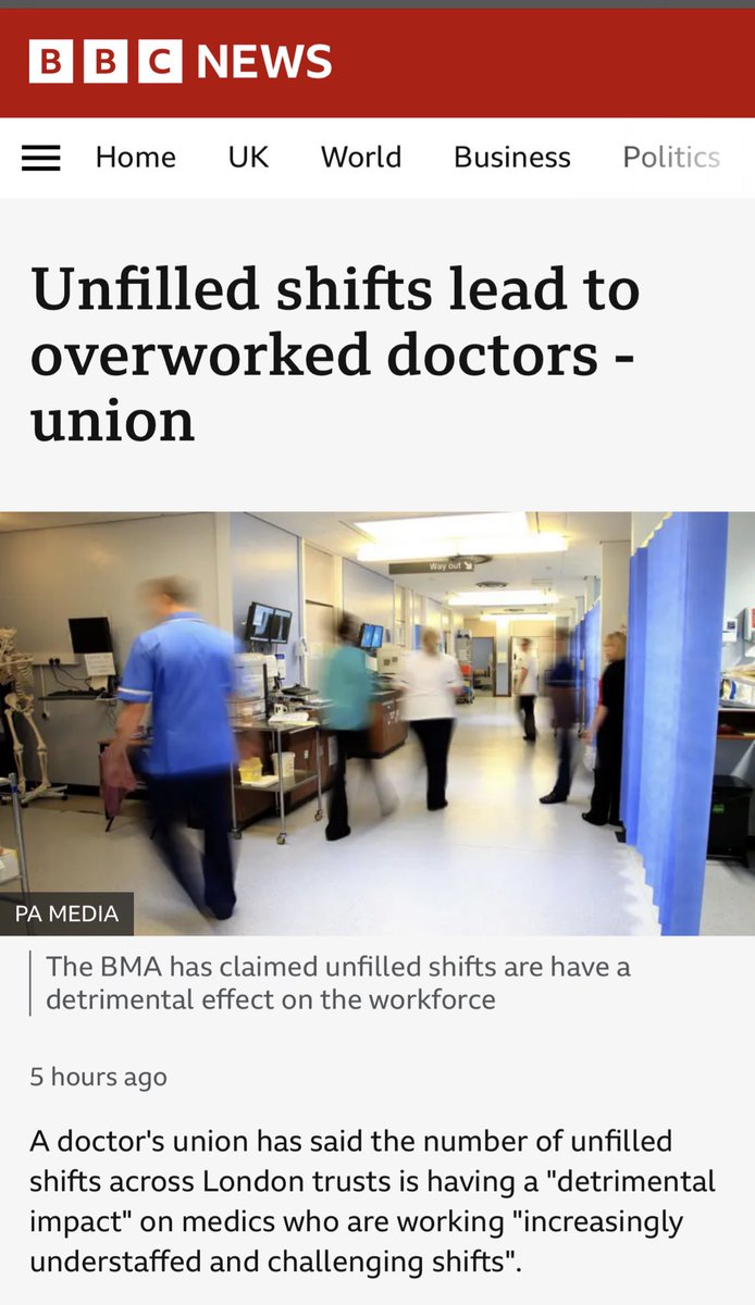 DrHWazir's tweet photo. Patients in London are being left shortchanged.

Over 32,000 shifts have gone unfilled in London hospitals, leaving the doctors left behind overworked and short staffed.

The reason why these doctors are having to do the work of multiple medics is because London trusts are colluding to keep rates for pay for extra shifts universally low across all hospitals. This is bad for patients and for doctors. 

Doctors taking on extra work on top of already long hours should be paid fairly. Patients deserve to have a well staffed rota of doctors, not chronic staff shortages.