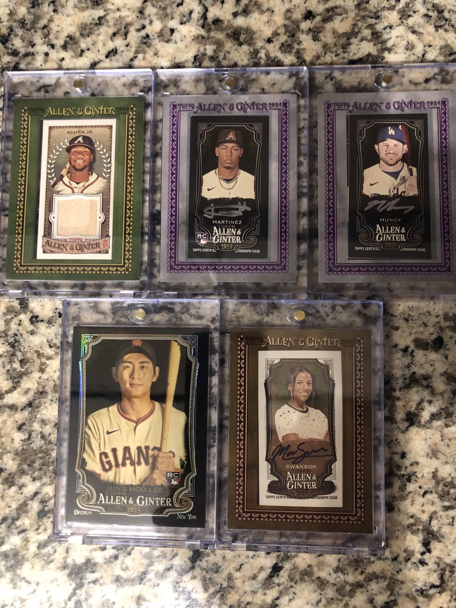 tcrouse7813's tweet photo. Hits from my boxes of 2024 Allen and Ginter. Hobby box and a box of Allen and Ginter X. Ordered from @dacardworld! Put in another order today. Kinda new to the hobby but loving it more and more each day. @Topps https://t.co/b7rOOoACBr