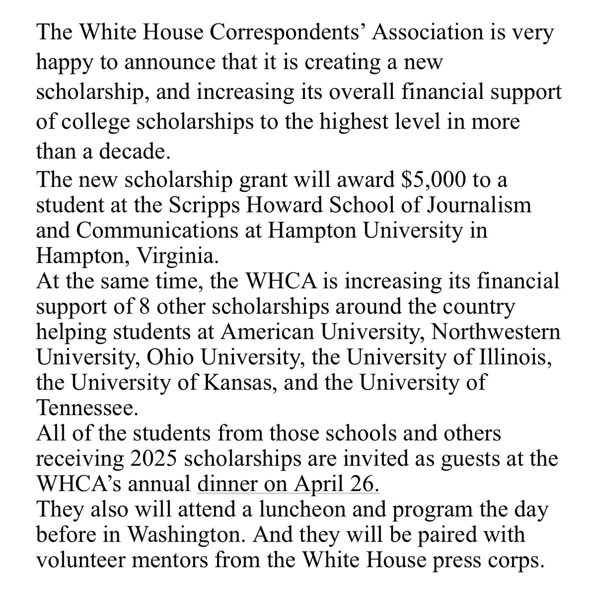 WHCA (@whca) on Twitter photo WHCA Creates New Scholarship, Boosts Spending on 8 Others.
<a href="/scrippsjschool/">E.W. Scripps School of Journalism</a> <a href="/_HamptonU/">Hampton University</a> WHCA Creates New Scholarship, Boosts Spending on 8 Others.
<a href="/scrippsjschool/">E.W. Scripps School of Journalism</a> <a href="/_HamptonU/">Hampton University</a>