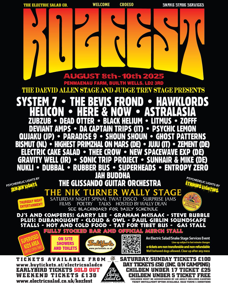 The Electric Salad Co Presents....
KOZFEST 2025
3 days of psychedelic and psych music all in one handy field.
Proper Showers. Proper loos. Stalls. Bar.
General tickets - ON SALE FROM buytickets.at/electricsaladco
GLAMPING/YURT UPDATE.... We should have a link for the end of the week
