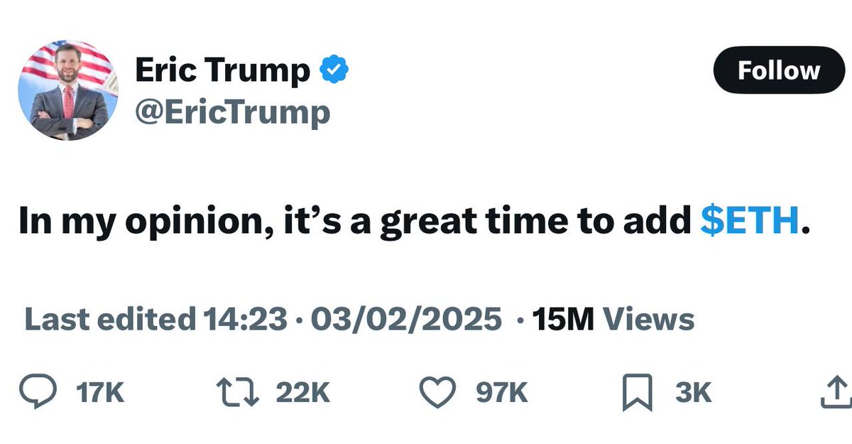 🟡"Eric Trump e il crollo delle criptovalute: un consiglio sfortunato su Bitcoin ed Ethereum"