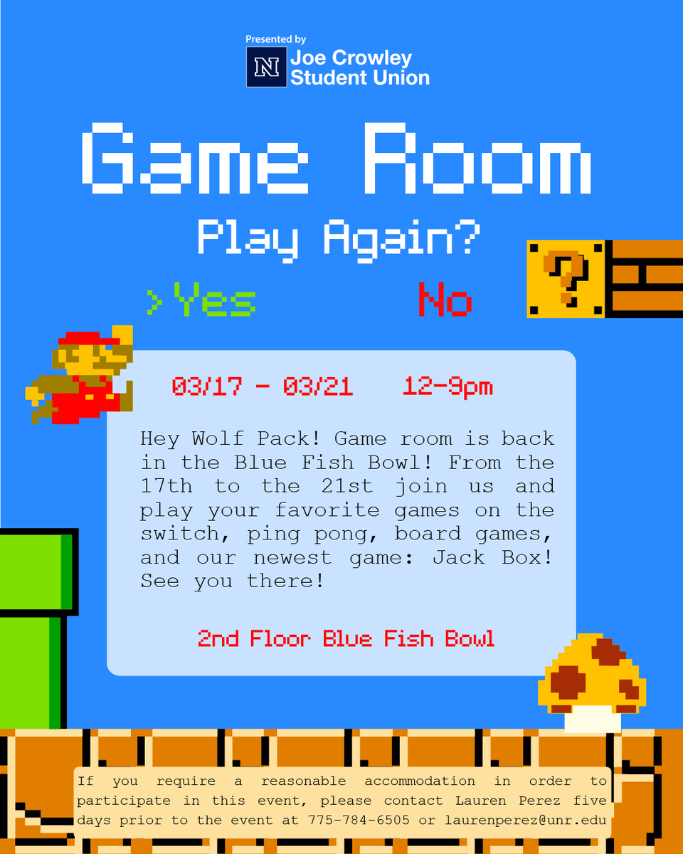 Ready to play more games? Game room is BACK from March 17th to the 21st. Drop by the Blue Fish Bowl on the second floor for all of your favorite games; including our new game, Jack Box! See you there! 

Designer: Aniston Lamaestra