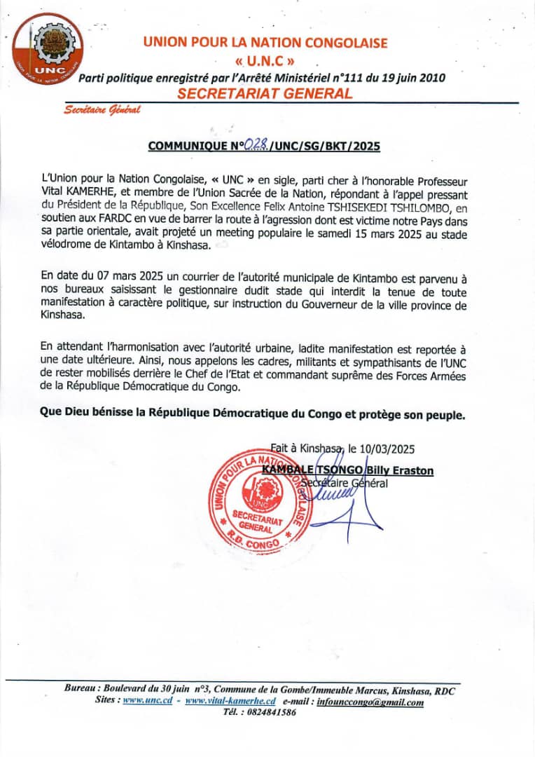 Communiqué du Secrétaire Général portant report du meeting populaire du parti qui était prévu ce samedi 15 mars au stade vélodrome
<a href="/BillyKambale1/">Billy Kambale</a> 
<a href="/AEdikabi/">AAEconsult</a> 
<a href="/SagesseNgituka/">Sagesse Ngituka</a> 
<a href="/MayorIndulu/">Frédéric mayor Indulu</a> 
<a href="/BenitoKiangudi/">Benito KIANGUDI NSAM 🇨🇩</a> 
<a href="/MichelMoto1/">Michel Moto Muhima</a> 
<a href="/ofelo14/">Michel-Olivier Ofelo</a> 
<a href="/OmbaKasongo/">Prince Omba</a>