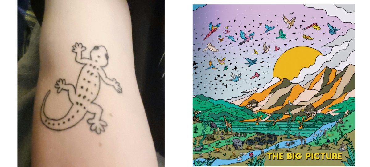 <a href="/geckoofficial/">Gecko</a> just dropped a new album. It's amazing.I was so impressed with Gecko as an artist I got a tattoo of one :) click the link and check it out geckoofficial.bandcamp.com/album/the-big-…