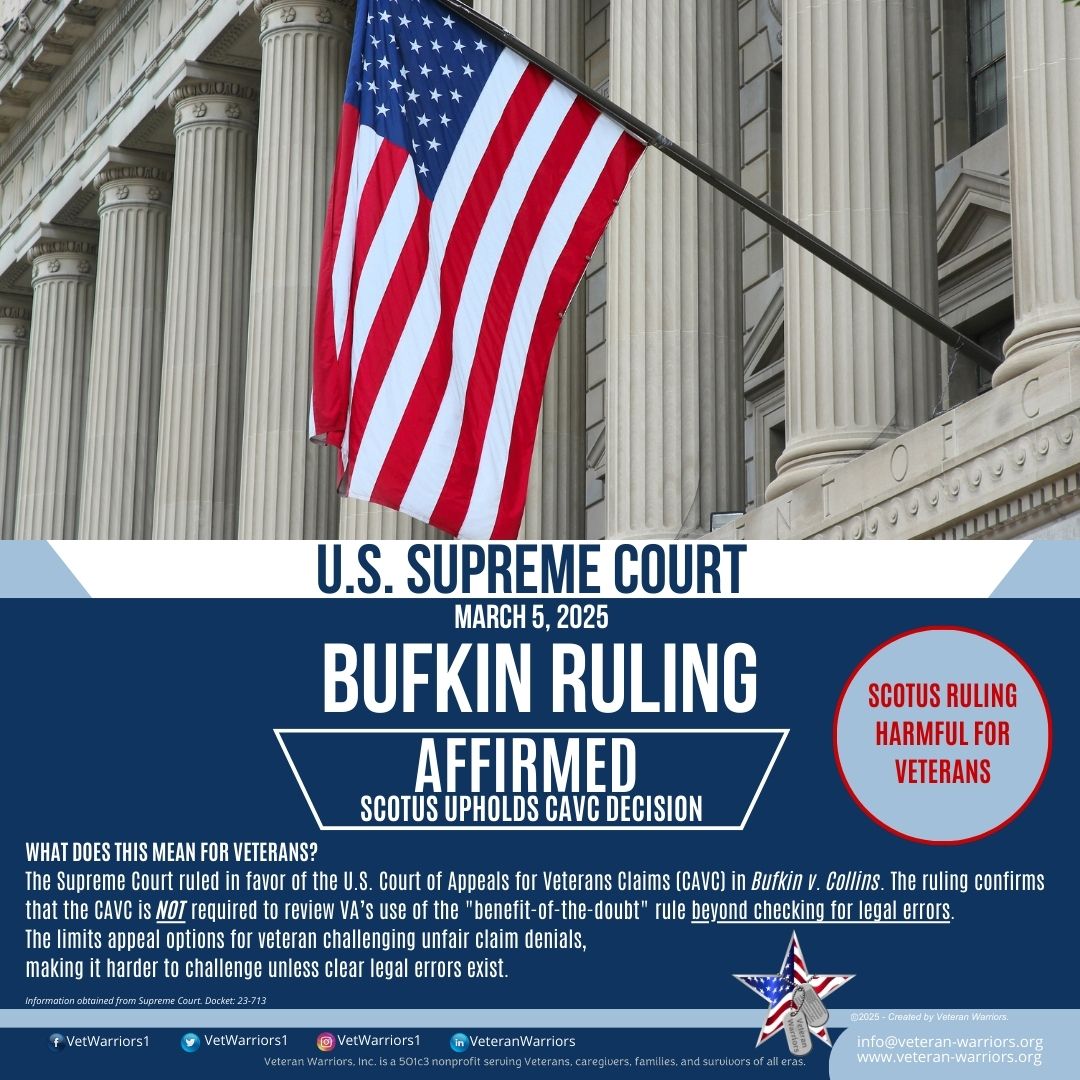 VetWarriors's tweet photo. 🚨SCOTUS Ruling in Bufkin Impacts #VeteransClaims
Benefit-of-the-doubt rule favors #veteransdisability claim approval when evidence is equal
Supreme Court upheld a decision restricting court review of the rule's application, focusing only on legal errors.
https://t.co/vWtEDXFZFO