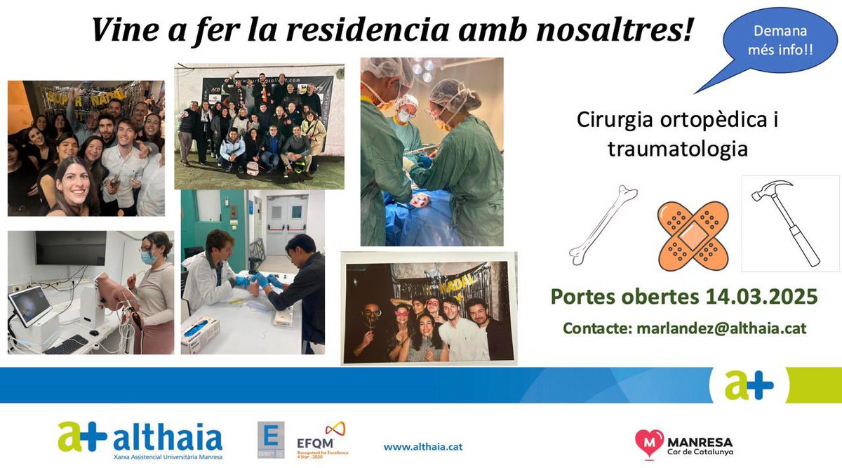 cotalthaia's tweet photo. Estàs pensant en fer la residència de cirurgia ortopèdica i traumatologia? 

✅Vine el 14/3/2025 a les #PortesObertes a informar-te sobre les avantatges de fer-la al nostres hospital!

#residentsALTHAIA #MIR2025 #2MIR25 https://t.co/FWnyvtdrGs