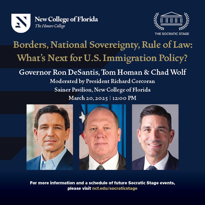New College of Florida (@newcollegeoffl) on Twitter photo Join <a href="/GovRonDeSantis/">Ron DeSantis</a>, Border Czar <a href="/RealTomHoman/">Thomas D. Homan</a>, and Former DHS Secretary <a href="/ChadFWolf/">Chad Wolf</a> for a no-holds-barred discussion on border security, national sovereignty, and the rule of law. With the Trump Administration now tackling the border crisis, these experts break down whatâs gone Join <a href="/GovRonDeSantis/">Ron DeSantis</a>, Border Czar <a href="/RealTomHoman/">Thomas D. Homan</a>, and Former DHS Secretary <a href="/ChadFWolf/">Chad Wolf</a> for a no-holds-barred discussion on border security, national sovereignty, and the rule of law. With the Trump Administration now tackling the border crisis, these experts break down whatâs gone
