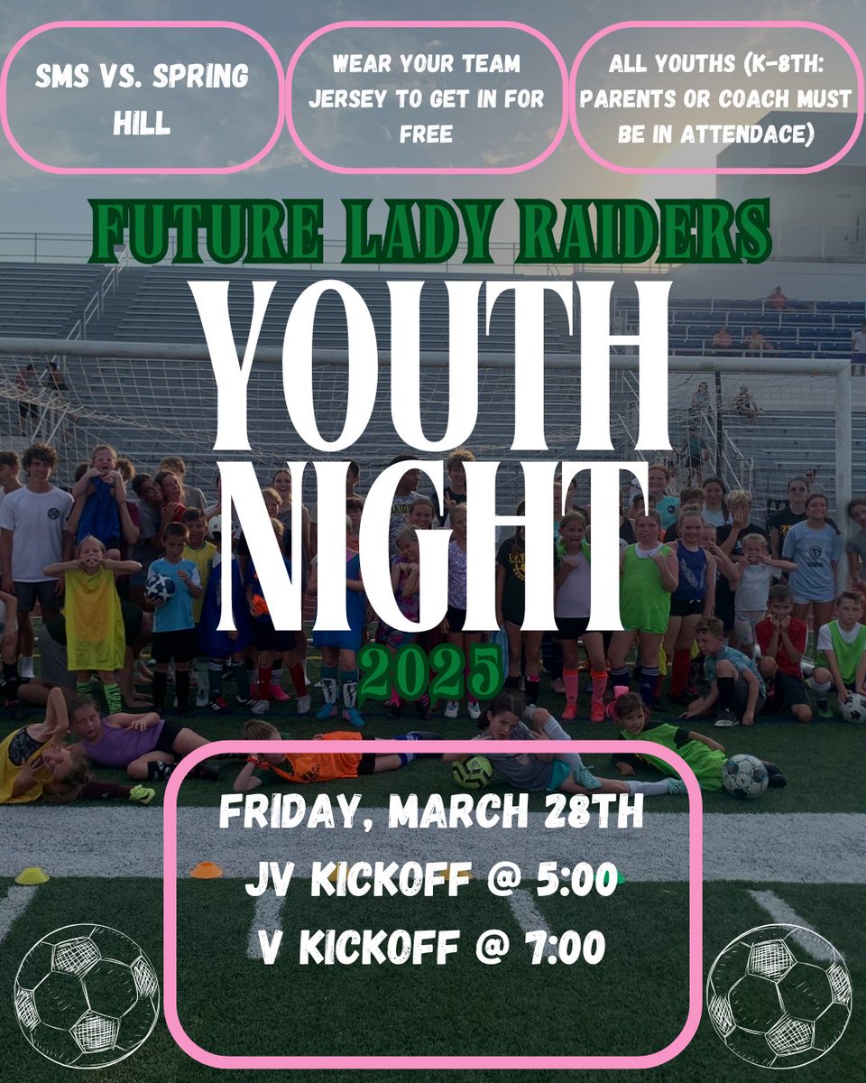 SMS Girls Soccer (@soccer_sms) on Twitter photo 📢⚽️ATTENTION Future Lady Raiders grades K-8!!⚽️📢
Join us on Friday, March 28th for our Youth Night! Bring your teammates and wear your jersey for FREE entry!!!
<a href="/SMSRaidersAD/">Mark Mahoney</a> <a href="/Rosehill512/">Rosehill Elementary</a> <a href="/Bclaypool63/">Brandon Claypool</a> <a href="/DiemerEagles/">Diemer Eagles SMSD</a> <a href="/BrookridgeSMSD/">BrookridgeElementarySMSD</a> <a href="/FrickKevinfrick/">Brookwood Beavers</a> <a href="/OPC_512/">Oak Park-Carpenter</a> <a href="/trailwoodsmsd/">Trailwood Elementary</a> 📢⚽️ATTENTION Future Lady Raiders grades K-8!!⚽️📢
Join us on Friday, March 28th for our Youth Night! Bring your teammates and wear your jersey for FREE entry!!!
<a href="/SMSRaidersAD/">Mark Mahoney</a> <a href="/Rosehill512/">Rosehill Elementary</a> <a href="/Bclaypool63/">Brandon Claypool</a> <a href="/DiemerEagles/">Diemer Eagles SMSD</a> <a href="/BrookridgeSMSD/">BrookridgeElementarySMSD</a> <a href="/FrickKevinfrick/">Brookwood Beavers</a> <a href="/OPC_512/">Oak Park-Carpenter</a> <a href="/trailwoodsmsd/">Trailwood Elementary</a>