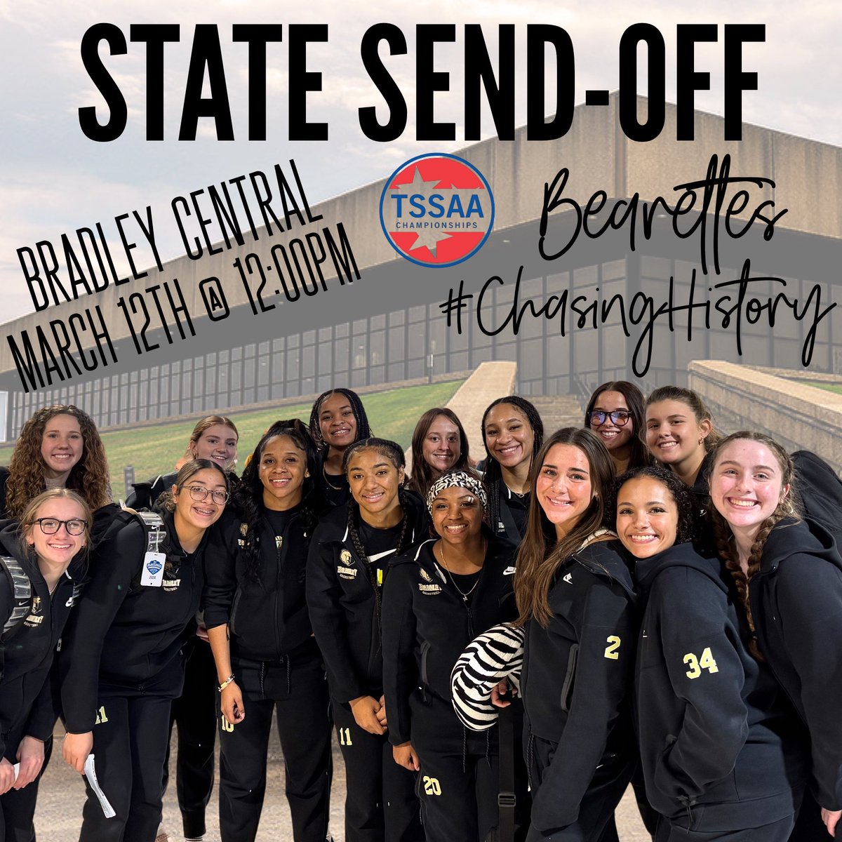 We will be heading to the Glass House tomorrow at 12:00pm.  Please spread the word and give our Bearettes a well deserved send-off.  Thank you all for your love and support as we chase history this season! #3Peat
