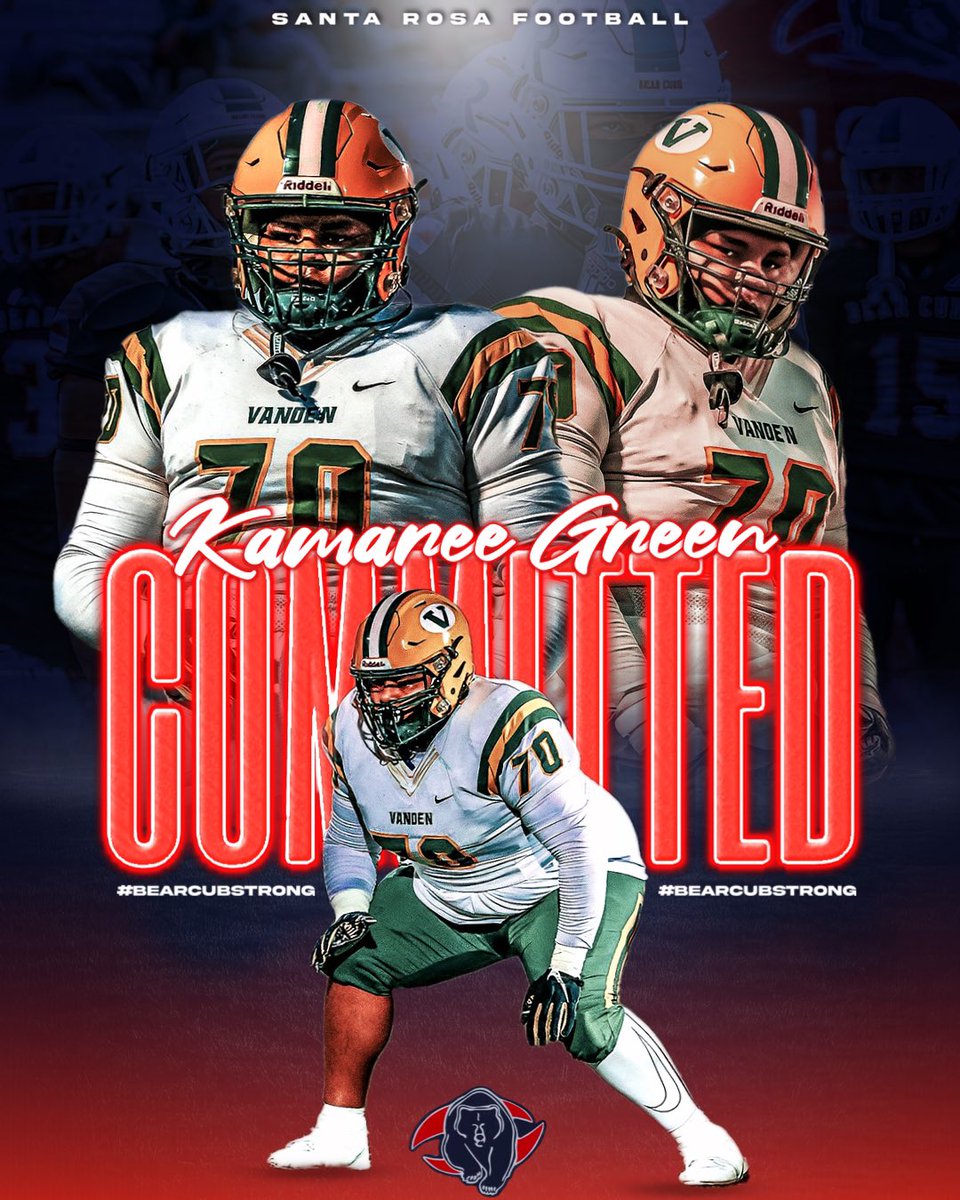 Kamaree Green 75 (@75mafiaa) on Twitter photo After a great conversation and visit with Coach Dontae DePaola, I will be taking my talents to Santa Rosa College to continue my academic and athletic career. Go Cubs! I'm super excited to work hard and grow.<a href="/srjcfootball/">SANTA ROSA JC FOOTBALL</a>
<a href="/DanteDepaola/">Dante DePaola</a> <a href="/VandenFB/">Vanden Football</a> <a href="/lequan_w/">Coach Woods</a>
<a href="/CMeshack2/">Coach Corey Meshack, M.A.</a> After a great conversation and visit with Coach Dontae DePaola, I will be taking my talents to Santa Rosa College to continue my academic and athletic career. Go Cubs! I'm super excited to work hard and grow.<a href="/srjcfootball/">SANTA ROSA JC FOOTBALL</a>
<a href="/DanteDepaola/">Dante DePaola</a> <a href="/VandenFB/">Vanden Football</a> <a href="/lequan_w/">Coach Woods</a>
<a href="/CMeshack2/">Coach Corey Meshack, M.A.</a>