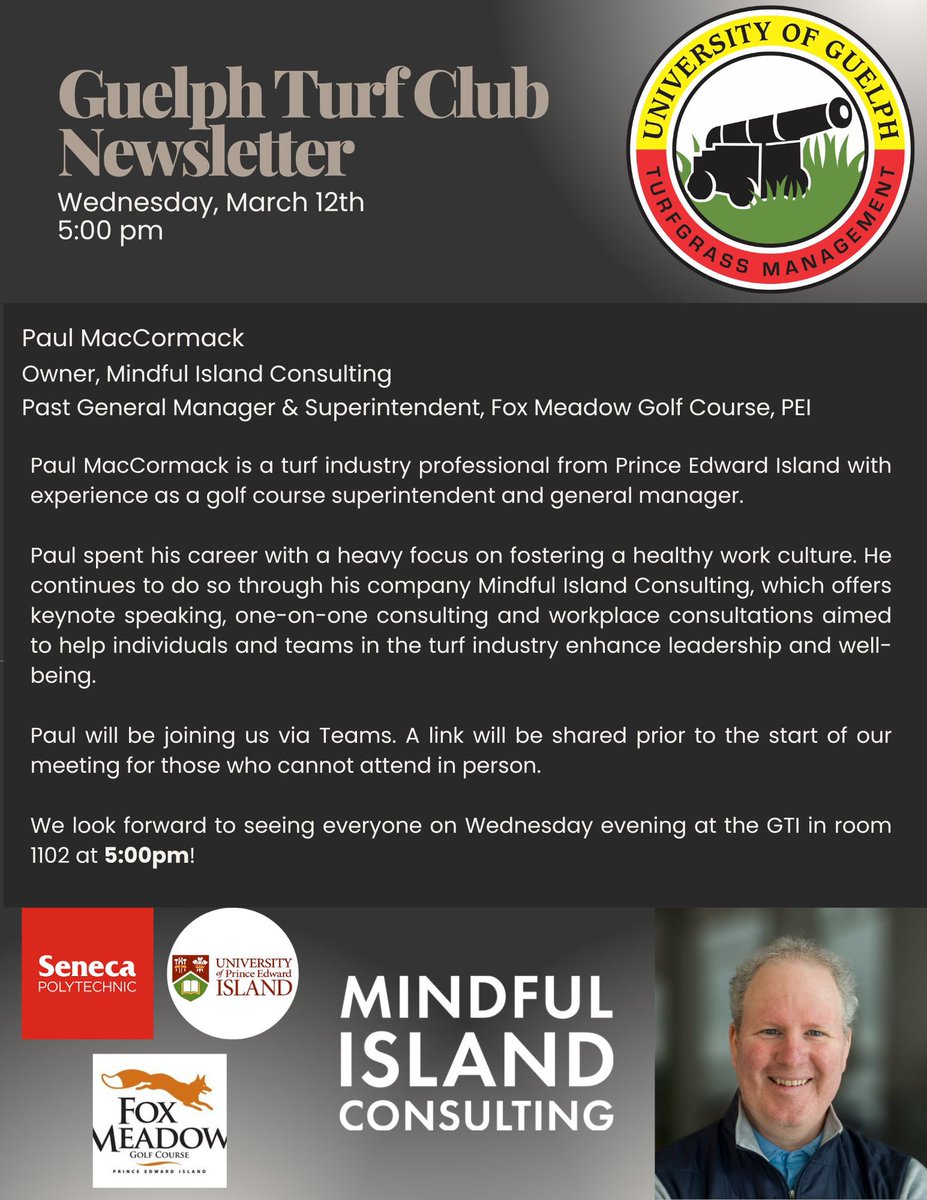 University of Guelph Turf Club (@uofgturfclub) on Twitter photo Tell your friends!
Paul MacCormack (<a href="/mindfulsuper_/">paul maccormack</a>) will be joining us via Teams for Turf Club tomorrow.
Where: GTI
When: 5:00 pm, Wed. March 12th
A link will be posted for those who aren’t able to attend in person. Tell your friends!
Paul MacCormack (<a href="/mindfulsuper_/">paul maccormack</a>) will be joining us via Teams for Turf Club tomorrow.
Where: GTI
When: 5:00 pm, Wed. March 12th
A link will be posted for those who aren’t able to attend in person.