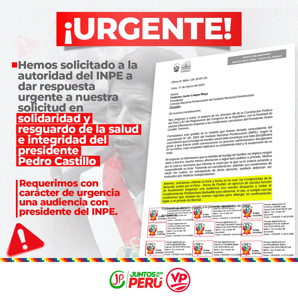 #Importante | 🚨Hemos solicitado a la autoridad del INPE a dar respuesta urgente a nuestra solicitud en solidaridad y resguardo de la salud e integridad del presidente Pedro Castillo Terrones