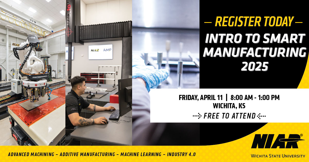 NIAR at Wichita State University (@niarwsu) on Twitter photo NIAR's Intro to Smart Manufacturing is back! Join us on the campus of <a href="/WichitaState/">Wichita State</a> Fri. April 11 for industry-focused smart manufacturing education geared toward small and medium-sized manufacturing businesses. wichita.edu/industry_and_d⦠NIAR's Intro to Smart Manufacturing is back! Join us on the campus of <a href="/WichitaState/">Wichita State</a> Fri. April 11 for industry-focused smart manufacturing education geared toward small and medium-sized manufacturing businesses. wichita.edu/industry_and_dā¦
