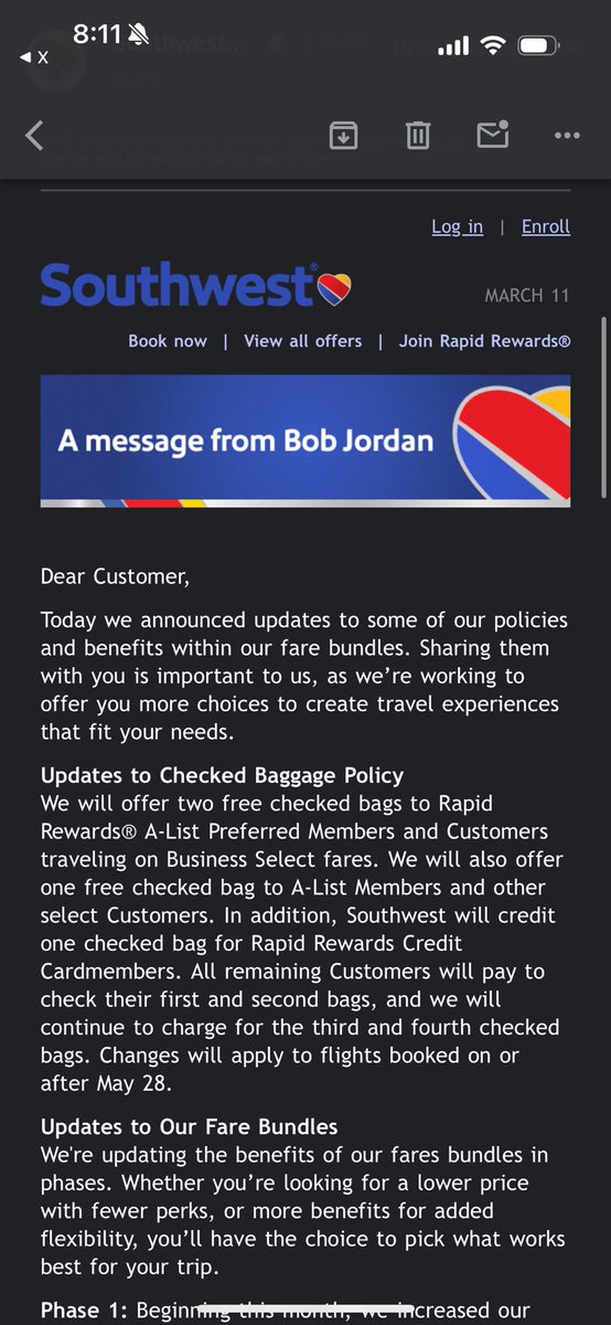 blakey (rileyโs version) โธโธ ๐ (@realf_inlegacy) on Twitter photo terrible policy changes <a href="/SouthwestAir/">Southwest Airlines</a>
You were my preferred airline. There is officially ZERO reason to fly with you. Your fares were expensive, but I got free bags, and I could pick a good seat free.
Itโs no longer worth it to fly with you.
Terrible move, Southwest. terrible policy changes <a href="/SouthwestAir/">Southwest Airlines</a>
You were my preferred airline. There is officially ZERO reason to fly with you. Your fares were expensive, but I got free bags, and I could pick a good seat free.
Itโs no longer worth it to fly with you.
Terrible move, Southwest.