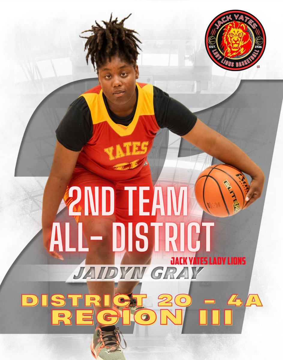 🎉Shout out and Congratulations to our #21 Jaidyn Gray for her 2024-2025 2nd Team All-District Award in District 20-4A Region III.
Jack Yates Lady Lions Basketball 🦁🏀❤️💛