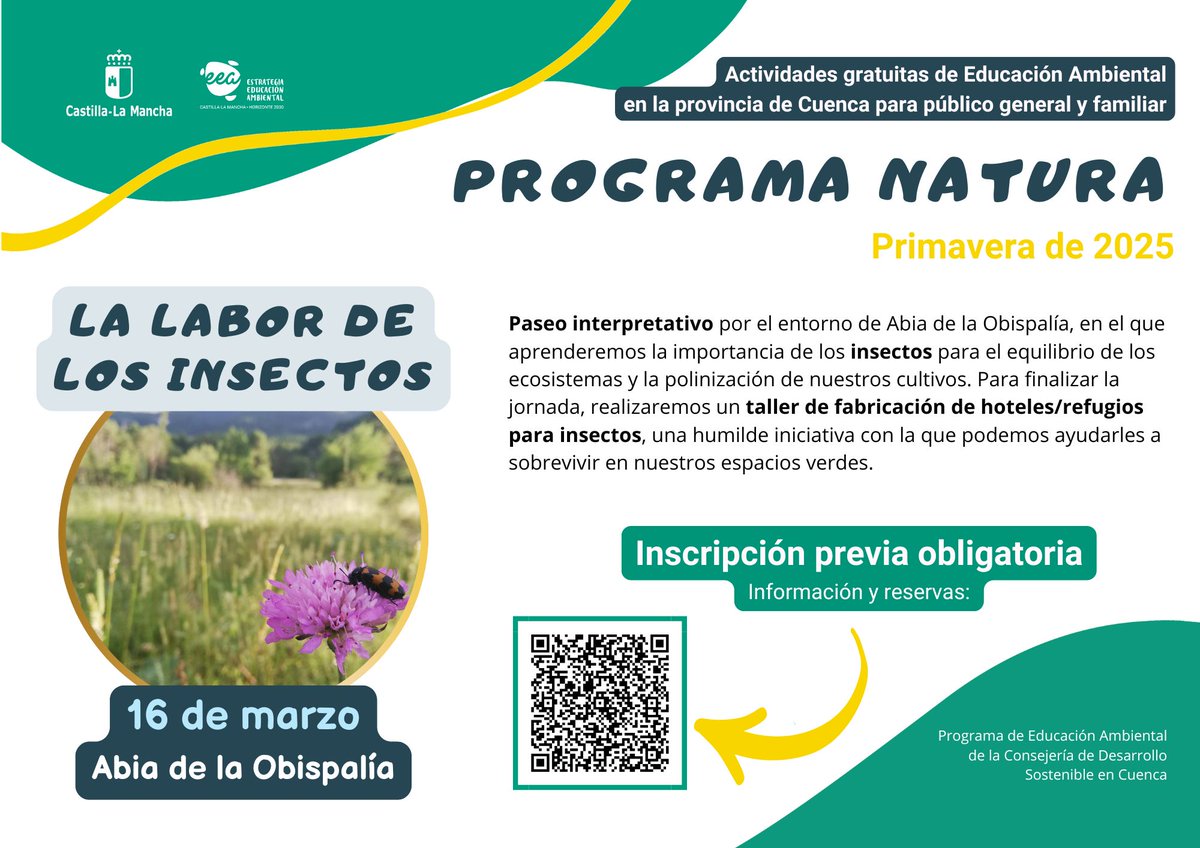 🆕 Este domingo, 16 MAR, la edición de primavera de 2025 del Programa #NATURACuenca de #EducaciónAmbiental nos lleva a Abia de la Obispalía con "La labor de los insectos" 🐝🐞🪲

Jornada GRATUITA promovida por <a href="/DSostenibleCLM/">Desarrollo Sostenible CLM</a> ☺️ ¡Info y reservas! ✅👉 cutt.ly/BeYi2Pgy
