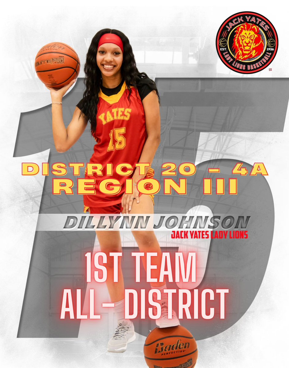 🎉Shout out and Congratulations to our #15 Dillynn Johnson for her 2024-2025 1st Team All-District Award in District 20-4A Region III.
Jack Yates Lady Lions Basketball 🦁🏀❤️💛