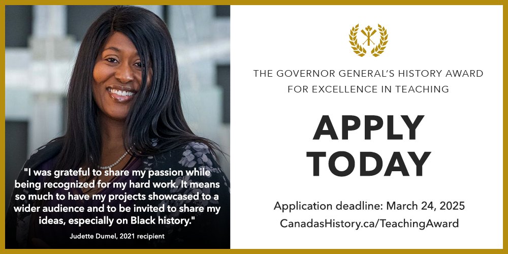 Are you a history or social studies teacher with an engaging history project? Apply now for the Governor General’s History Award for Excellence in Teaching! ow.ly/IHY550V9LFZ

#TeachingExcellence #HistoryTeacher #SocialStudiesTeacher #HistoricalThinking #TeacherTwitter