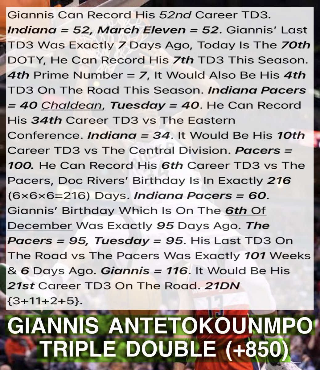 Free #Gematria Decode! 🍾

GIANNIS TRIPLE DOUBLE (+850) 🔮

Going For Some Juice Today. 🧃💉

#FearTheDeer #RiggedSports