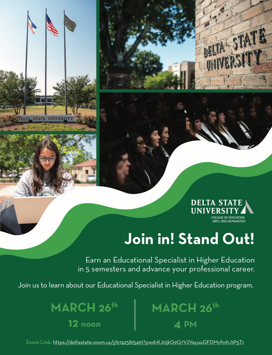 🌟 Advance Your Career in Higher Education

DSU is hosting an online informational meeting about our EDS Graduate Program in Higher Education.

📅 Date: March 26, 2025
🕒 Time: 12:00p.m. &amp; 4:00p.m. 
💻 Online:  deltastate.zoom.us/j/97425815491?…

✅ Discover how to unlock new opportunities!