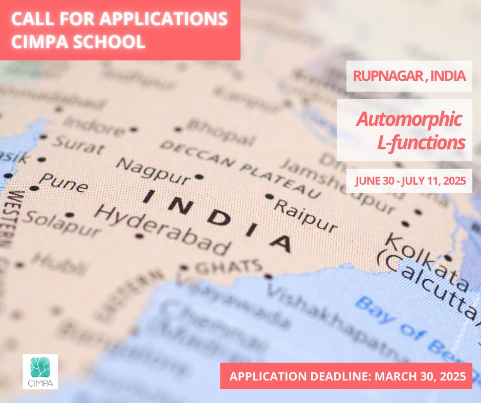 CIMPA_Math's tweet image. 📢 CIMPA School – Automorphic L-functions
👉 Join this CIMPA School on Automorphic L-functions in Rupnagar, India, from June 30 to July 11, 2025!
🔗 Info & registration: cimpa.info/en/node/40
📅 Deadline: March 30, 2025
#CIMPA #Maths #AutomorphicLfunctions #Research