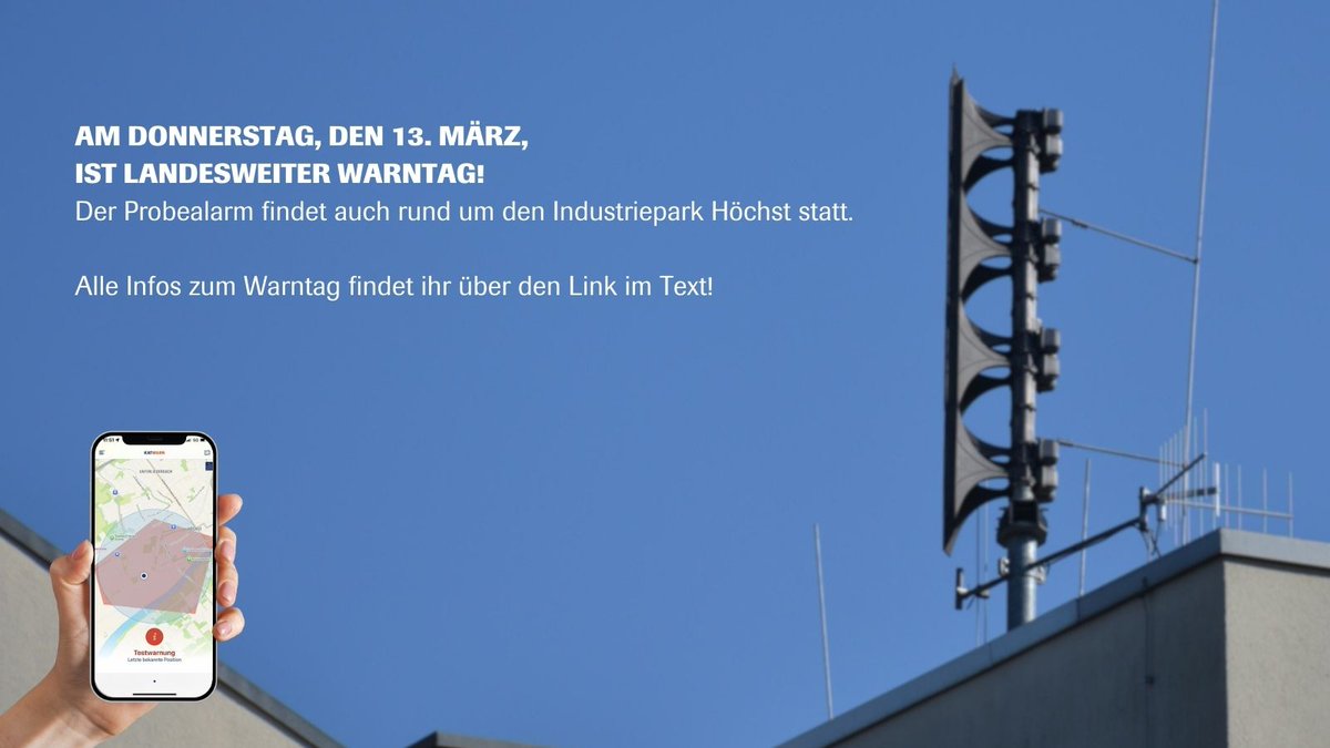Am Donnerstag ist der landesweite #Warntag. Auch im #IndustrieparkHöchst werden um 10:15 Uhr die Sirenen getestet. Die Entwarnung erfolgt um 10:50 Uhr. Weitere Infos findet ihr hier: infraserv.com/de/medien/pres…